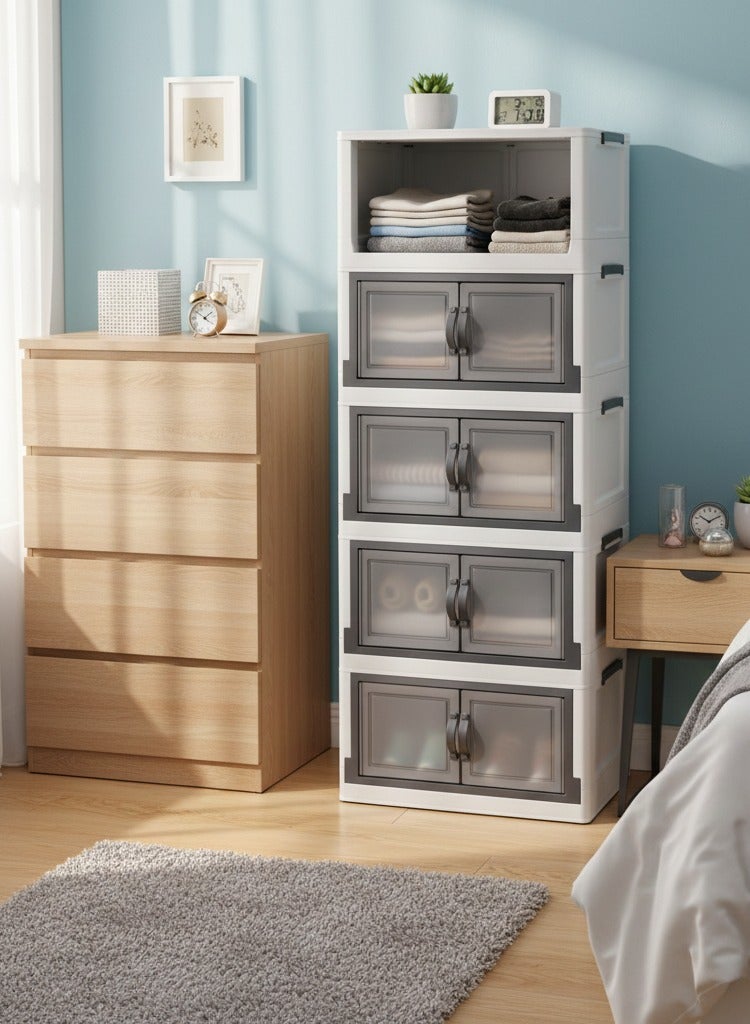 El Watania 5-Tier Plastic Clear-Door Storage Cabinet, White and Grey Display Drawers, Organizer Unit with Transparent Doors, Home Office Storage Solution - Image 3